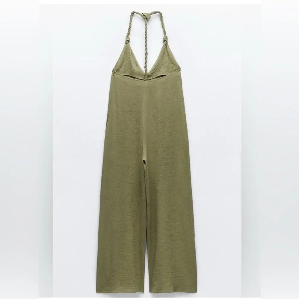 Nwt- ZARA- WOVEN STRAP PALAZZO JUMPSUIT-100% Linen-M